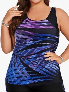 Hanna Nikole Plus Size Tankini Top NWT 18W Blue Purple Palm Print